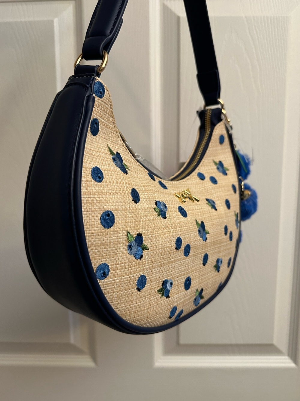 Betsey Johnson Navy Trim Straw Shoulder Bag with a Blue Pom Pom Charm - Picture 2 of 16